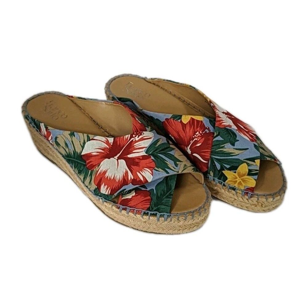 Franco Sarto Sandals 10M Polina Floral Open Toe Slide Espadrilles Wedge Straw
